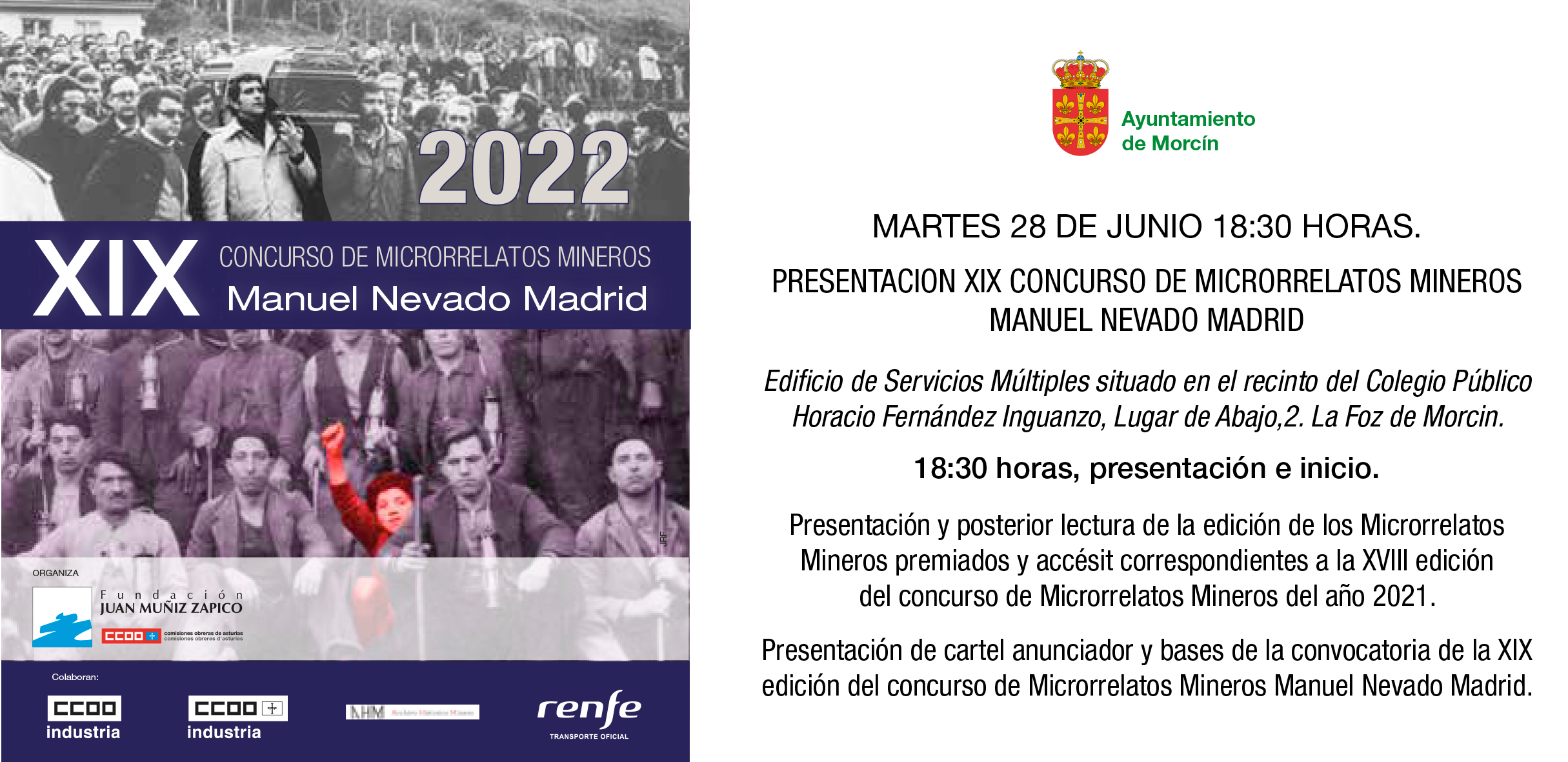 Presentación XIX Concurso De MICRORRELATOS MINEROS MANUEL NEVADO MADRID. La Foz de Morcín. Junio 2022