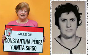Anita Sirgo en su casa de Lada, Langreo. A la derecha retrato de Constantina Pérez.